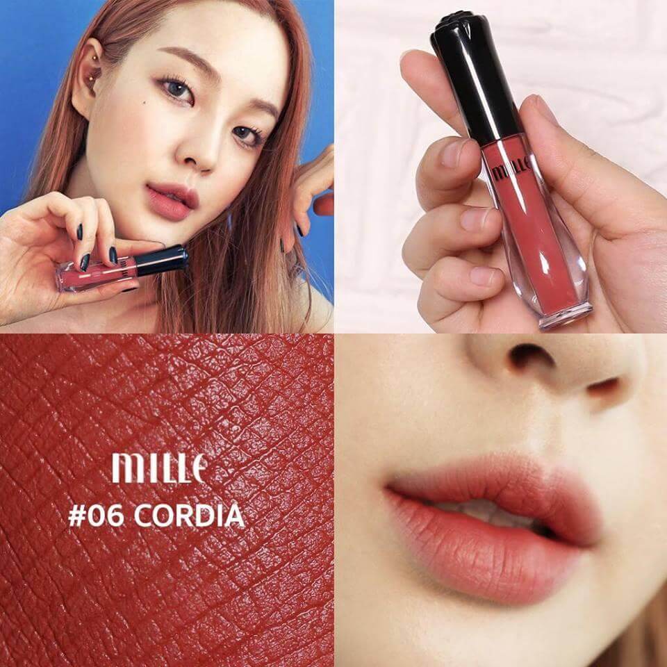 Mille Satin Matte Liquid Lip #06 Cordia 1. 7 g ลิปสติกเนื้อแมตท์ ผิวสัมผัสเรียบเนียนดุจกำมะหยี่ นุ่มลื่นทาง่าย ให้สีสันสวยเจิดจรัสยาวนานตลอดวัน